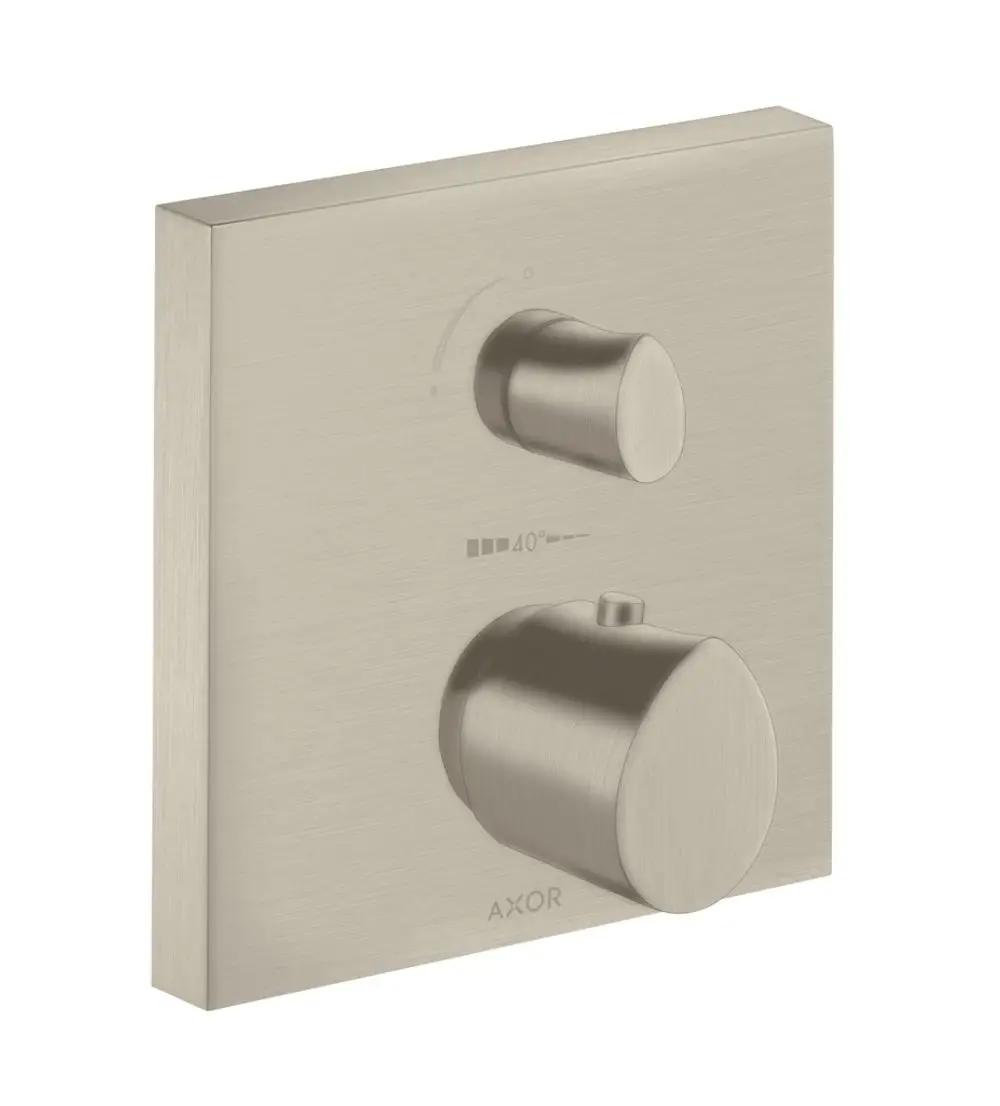 Thermostat in gebürstetem Nickel von AXOR, bestehend aus zwei Bedienknöpfen, auf einer quadratischen Wandplatte mit Temperaturanzeige.
